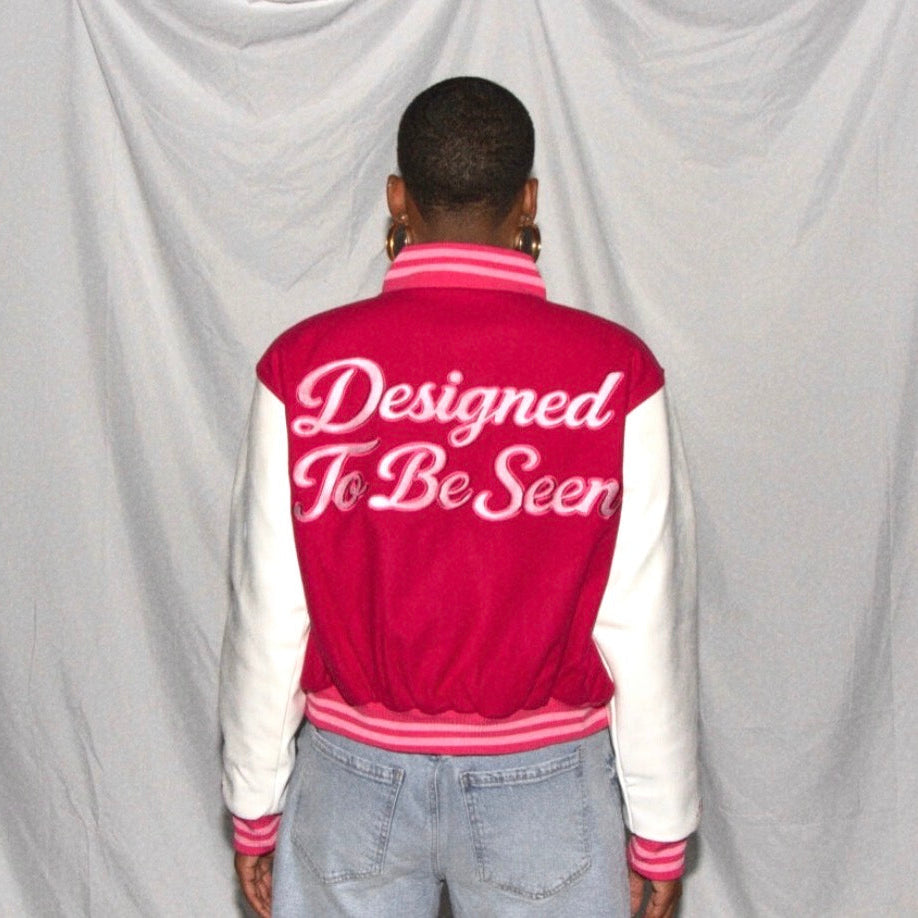 Women's Pink Varsity Jacket | Embroidered Letterman Jacket