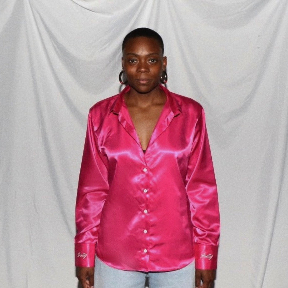 Hot Pink Satin Button-Up Blouse | Women's Long Sleeve Shirt