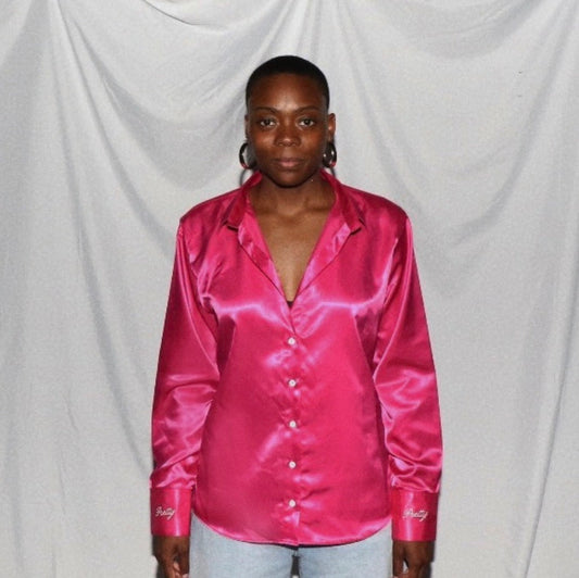 Hot Pink Satin Button-Up Blouse | Women's Long Sleeve Shirt