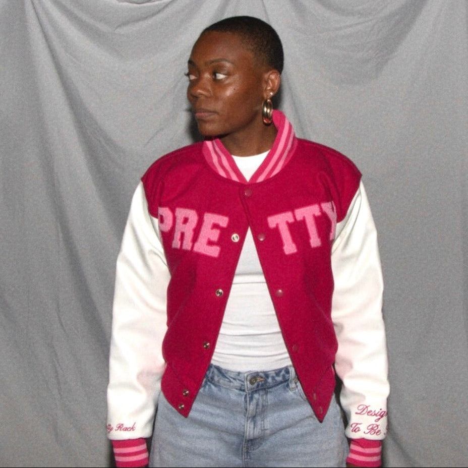 Women's Pink Varsity Jacket | Embroidered Letterman Jacket