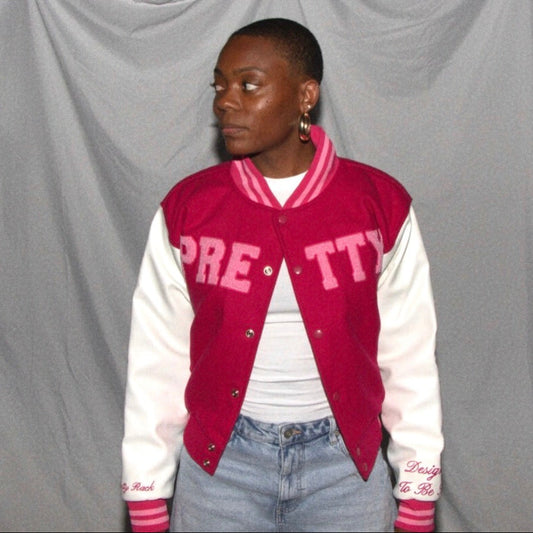 Women's Pink Varsity Jacket | Embroidered Letterman Jacket